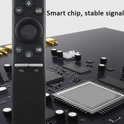 Replacement Voice Remote for Samsung 4K Smart Televisions - black ABS remote with silicone buttons shown over circuit board, voice button and volume/channel controls