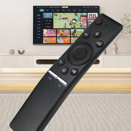 Replacement Voice Remote for Samsung 4K Smart Televisions shown in front of living room TV, black ABS body with silicone buttons
