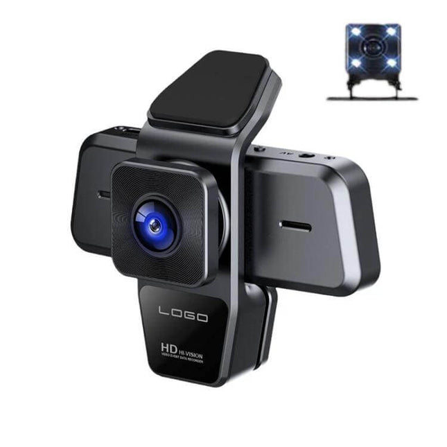 Car Dash Cam with Triple Camera Recording and Mobile App Playback showing front, interior and rear triple-lens dash camera unit