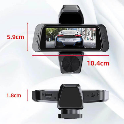 Car Dash Cam with Triple Camera Recording and Mobile App Playback showing front view on screen and dimensions