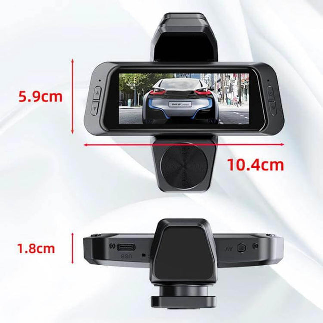 Car Dash Cam with Triple Camera Recording and Mobile App Playback front view with 10.4cm screen and dimensions shown