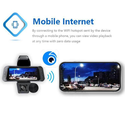Car Dash Cam with Triple Camera Recording and Mobile App Playback showing dash cam and mobile app playback via WiFi hotspot