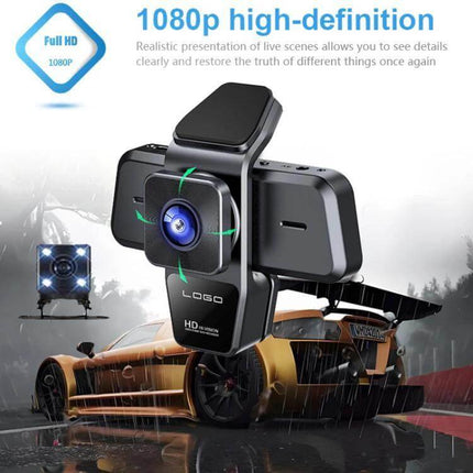 Car Dash Cam with Triple Camera Recording and Mobile App Playback – 1080P front, interior, rear recording for road incidents and mobile app playback