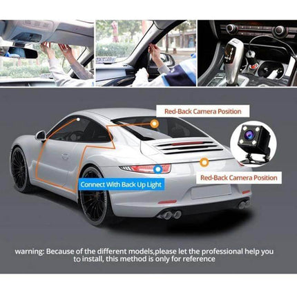 Car Dash Cam with Triple Camera Recording and Mobile App Playback showing front interior and rear camera positions on a sports car for installation guide
