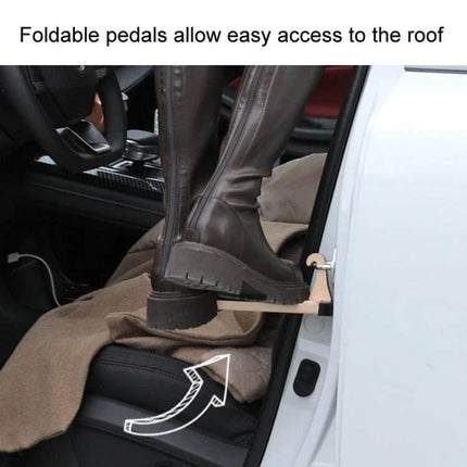 SUV Car Entry Hook Pedal Foldable Safety Tool For Easy Access shown mounted on SUV door as a passenger uses foldable pedal to step into vehicle