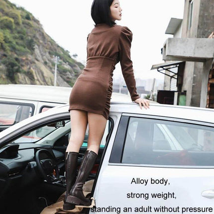 SUV Car Entry Hook Pedal Foldable Safety Tool For Easy Access - woman using foldable aluminum hook pedal to climb into SUV