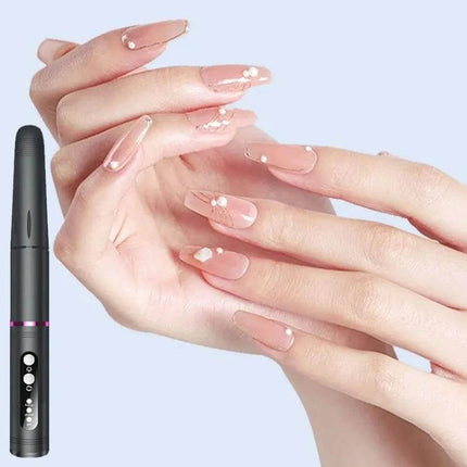 USB Charging Portable Manicure Remover And Polisher For Nails Grey shown with manicured hands and USB pen-style nail drill