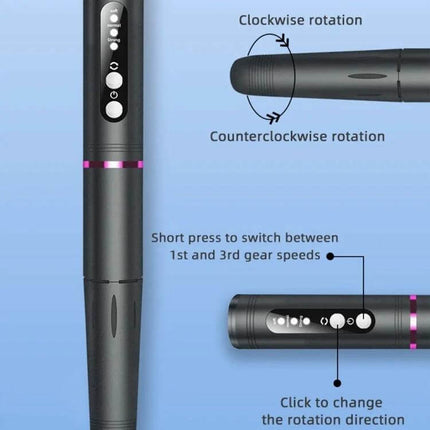 USB Charging Portable Manicure Remover And Polisher For Nails Grey showing controls, rotation direction, and 3-speed buttons on grey portable nail drill