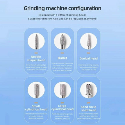 USB Charging Portable Manicure Remover And Polisher For Nails Grey showing six interchangeable grinding heads and configuration diagram