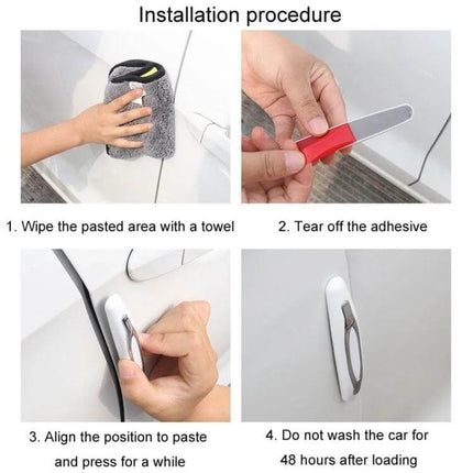 Car Door Anti-Collision Strips for Mirror Protection, 4-Piece Set showing installation steps: wipe, peel adhesive, align and press, wait 48 hours