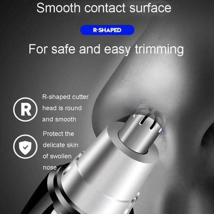 Electrical Nose Hair Trimmer Battery Powered for Easy Grooming showing 360-degree rotating blade and R-shaped cutter head for safe precise trimming