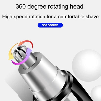 Electrical Nose Hair Trimmer Battery Powered for Easy Grooming showing 360-degree rotating blade head for precise, compact travel grooming