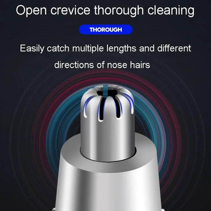 Electrical Nose Hair Trimmer Battery Powered for Easy Grooming showing 360-degree rotating blade and open crevice for thorough cleaning