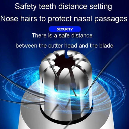 Electrical Nose Hair Trimmer Battery Powered for Easy Grooming showing 360-degree rotating blade and safety teeth distance setting for nasal protection