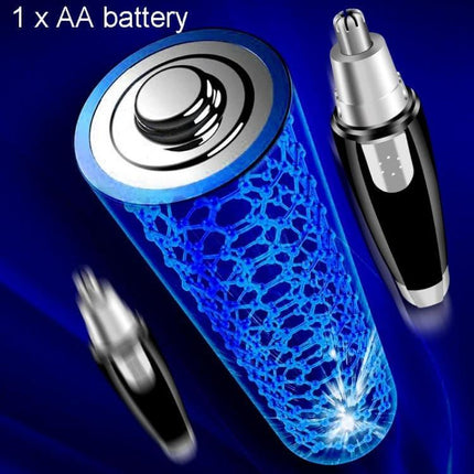 Electrical Nose Hair Trimmer Battery Powered for Easy Grooming shown with AA battery and 360-degree rotating blade, compact travel grooming device