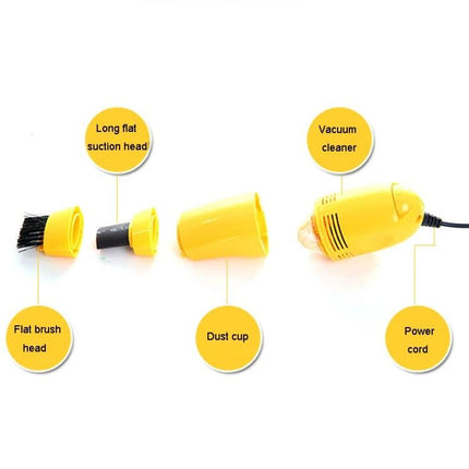 Portable USB-Powered Keyboard Cleaning Brush for Dust Removal showing flat brush head, long flat suction head, dust cup, vacuum cleaner and power cord