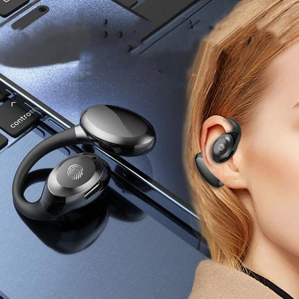 Ear Hook Wireless Earphones With Secure Fit For Running Commute shown black ear-hook earbuds on laptop and in-ear wearing