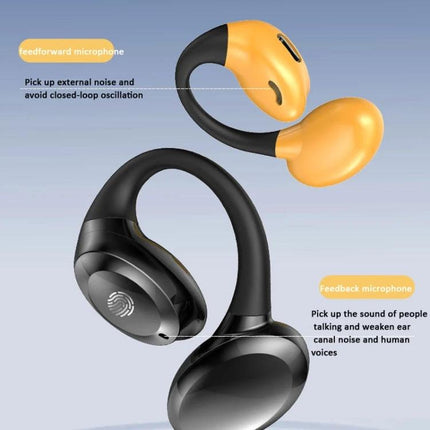 Ear Hook Wireless Earphones With Secure Fit For Running Commute showing black and yellow ear-hook sports earbuds with touch controls