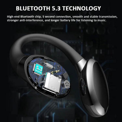 Ear Hook Wireless Earphones With Secure Fit For Running Commute shown with Bluetooth 5.3 chip and waterproof ear-hook design