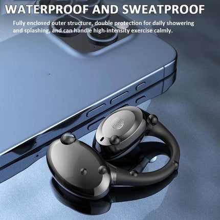 Ear Hook Wireless Earphones With Secure Fit For Running Commute showing waterproof sweatproof earbuds by a smartphone