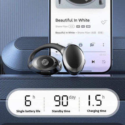 Ear Hook Wireless Earphones With Secure Fit For Running Commute shown with phone, touch controls, IPX5 sweat-resistant earbuds