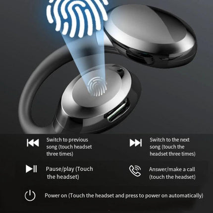 Ear Hook Wireless Earphones With Secure Fit For Running Commute showing touch control fingerprint and ear-hook design