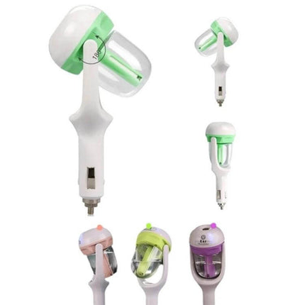 Car Negative Ion Humidifier For Aromatherapy In The Car sleek white-green ultrasonic car humidifier with USB/12V plug and compact aroma diffuser