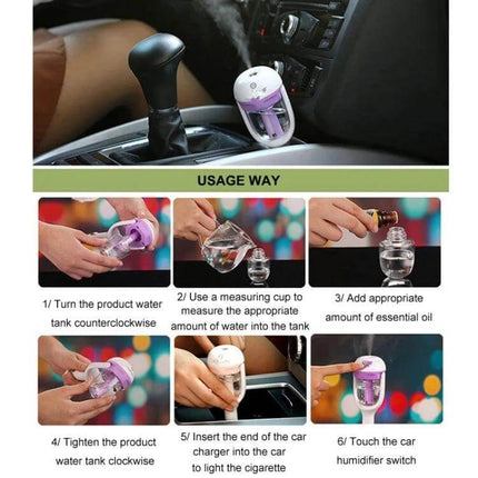 Car Negative Ion Humidifier For Aromatherapy In The Car showing compact ultrasonic diffuser installed in a car cup holder with steam and usage steps