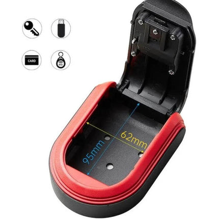 Durable Plastic Key Box with Password Lock for Secure Storage showing open red-black interior with 95mm x 62mm dimensions and storage for keys USB cards