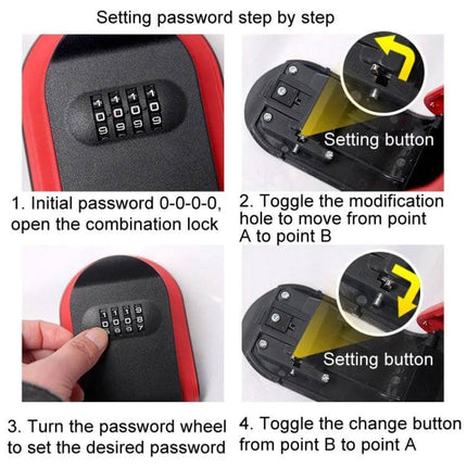 Durable Plastic Key Box with Password Lock for Secure Storage showing step-by-step password setup and combination dials