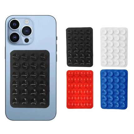 Square Silicone Suction Cup Stickers for Phone Mounting Surfaces - black red blue white silicone suction pads shown on phone and separate sheets