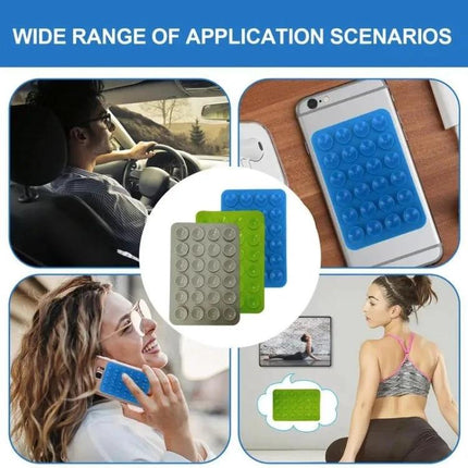 Square Silicone Suction Cup Stickers for Phone Mounting Surfaces - blue/green square suction pads shown on phone, dashboard, mirror, and gym wall for hands-free use