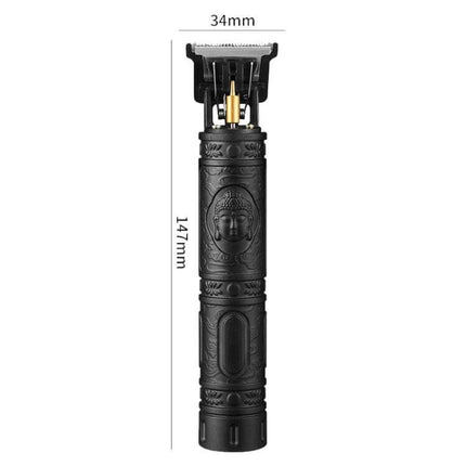 Electrical Haircut Pusher For Home Use With Buddha Head Design - black 147mm trimmer with 34mm blade, 0.1mm tooth pitch, washable hollow blade, USB rechargeable
