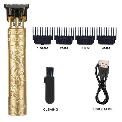 Electrical Haircut Pusher For Home Use With Buddha Head Design gold trimmer with 1.5–4mm combs, USB cable and cleaning brush