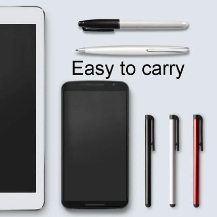 Universal Metal Stylus Pens for Touchscreen Writing, 5 Pack - slim aluminum stylus set shown with tablet and smartphone, easy to carry