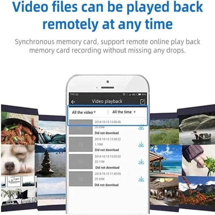Wireless Home Security Camera for Indoor Monitoring showing mobile app video playback interface with thumbnails and 1080P footage