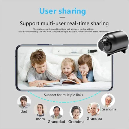 Wireless Home Security Camera for Indoor Monitoring showing kids on mobile app live view with multi-user family sharing and 1080P clarity