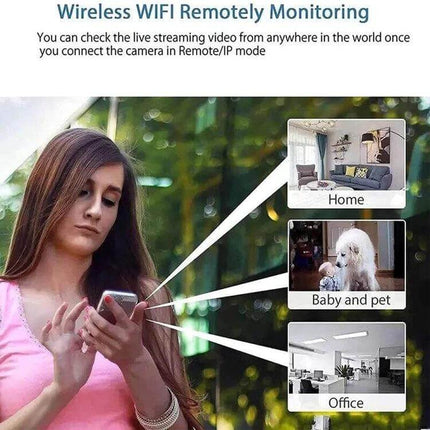 Wireless Home Security Camera for Indoor Monitoring showing a user checking 1080P live feed of home, baby and pet, and office via mobile app