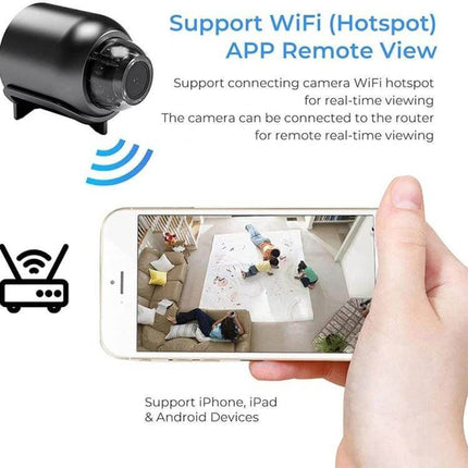 Wireless Home Security Camera for Indoor Monitoring showing mobile app live 1080P view of living room and pets
