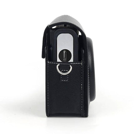 Fujifilm Instax SQ40 PU Leather Protective Storage Case in black showing side view with strap ring and stitching