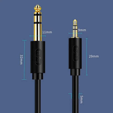 JINGHUA Cable for Connecting Devices in Daily Audio Setup showing 6.5mm to 3.5mm gold-plated connectors and dimensions
