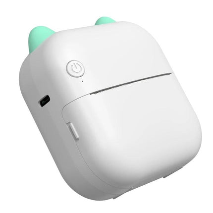 Compact Cartoon Bluetooth Printer for Everyday Photo Printing — white portable thermal printer with mint cartoon ears, power button and Bluetooth port