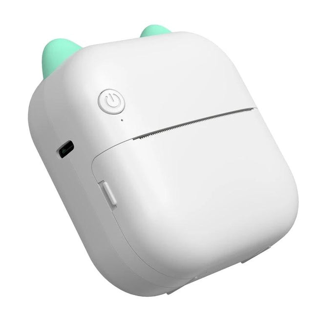 Compact Cartoon Bluetooth Printer for Everyday Photo Printing — white portable thermal printer with mint cartoon ears, power button and Bluetooth port
