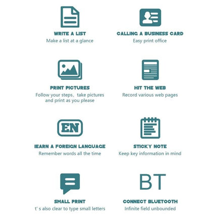 Compact Cartoon Bluetooth Printer for Everyday Photo Printing showing icons for write lists, print pictures, sticky notes, small print and Bluetooth connectivity