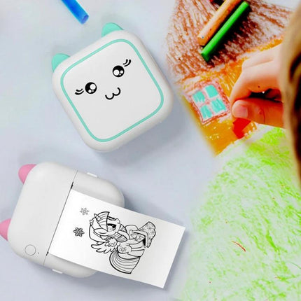 Compact Cartoon Bluetooth Printer for Everyday Photo Printing portable cute thermal printer printing a black-and-white cartoon sticker