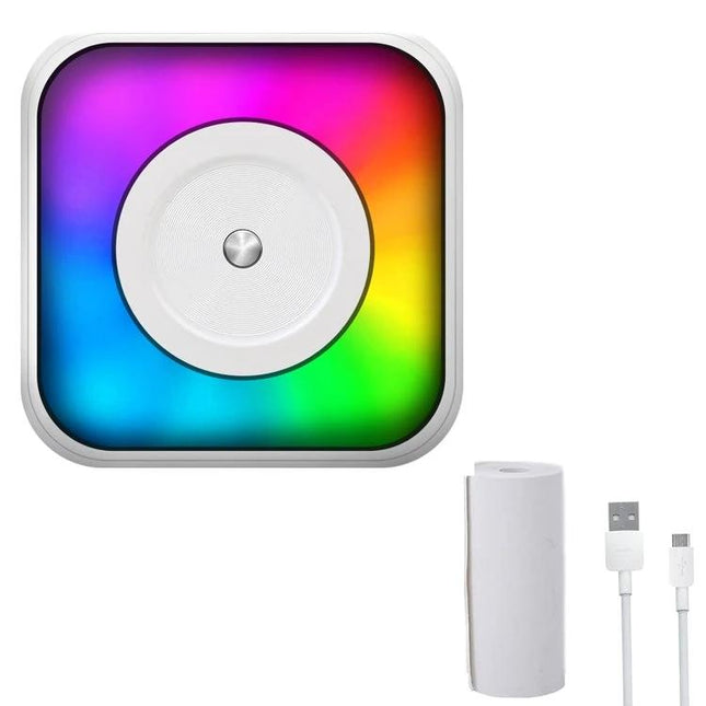 Compact Portable Bluetooth Printer for Documents and Labels shown with rainbow LED panel, thermal paper roll and USB charging cable