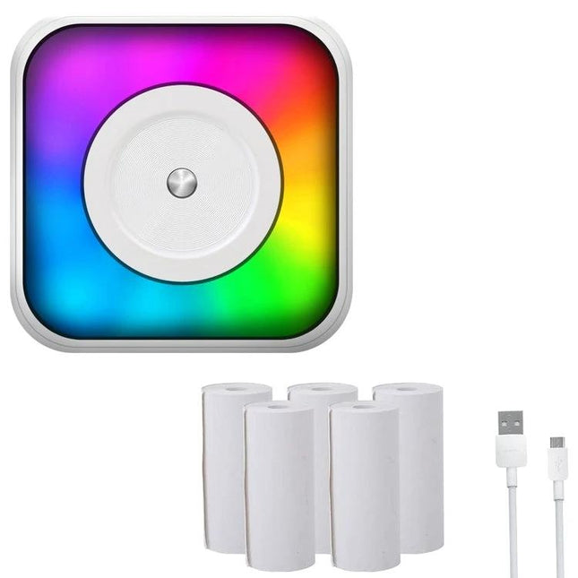 Compact Portable Bluetooth Printer for Documents and Labels - white round thermal printer with five paper rolls and USB cable for mobile receipts and labels