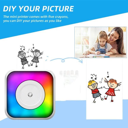 Compact Portable Bluetooth Printer for Documents and Labels showing colorful mini thermal printer printing DIY cartoon pictures with mother and child