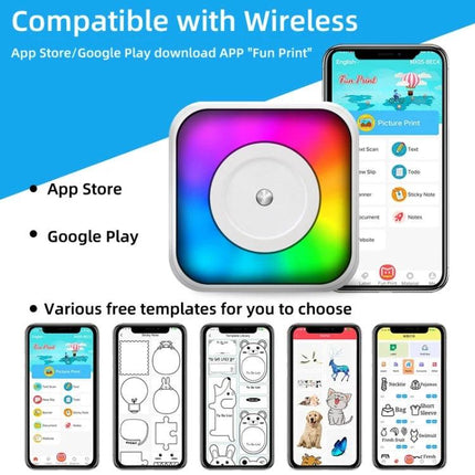 Compact Portable Bluetooth Printer for Documents and Labels showing smartphone app compatibility and printable label templates