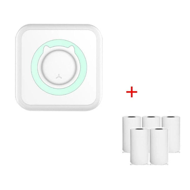 Mini Bluetooth Inkless Thermal Printer for Photos and Labels compact white printer with five thermal paper rolls